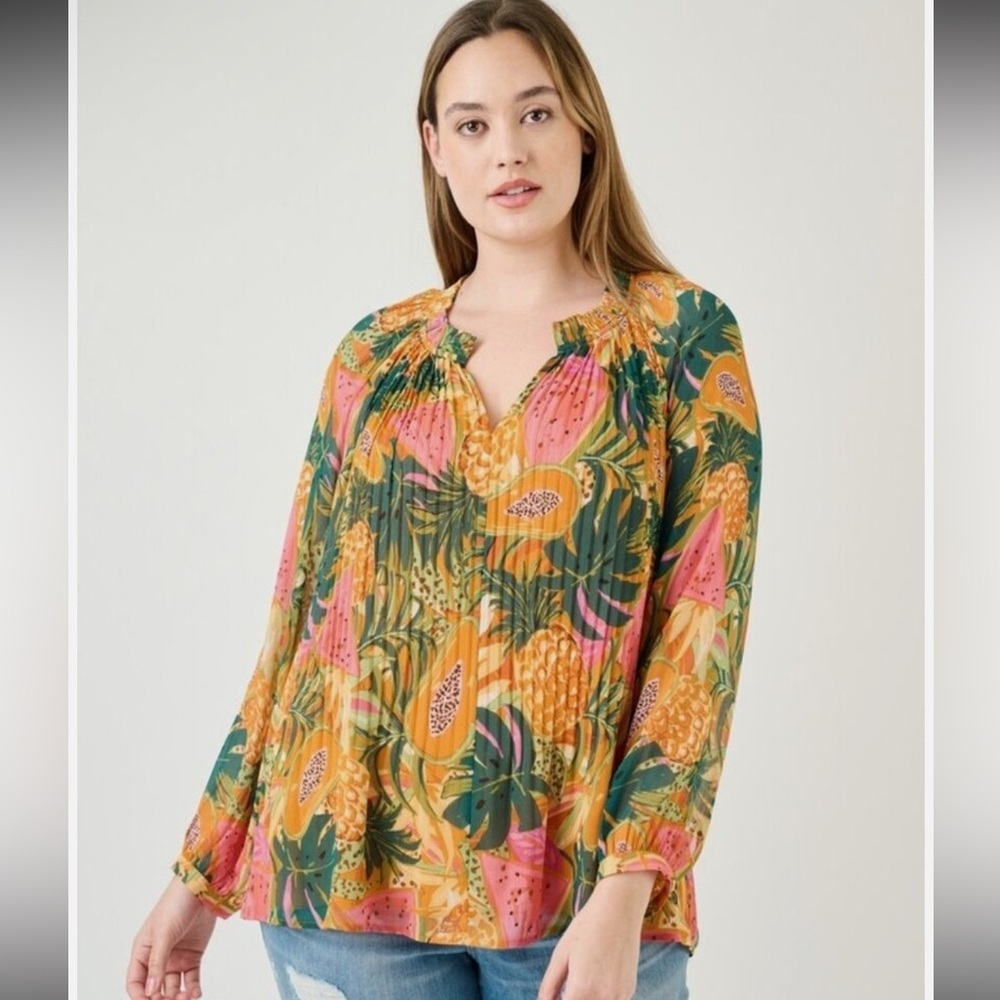 Daniel rainn Papaya print pleated boho blouse XS NWT